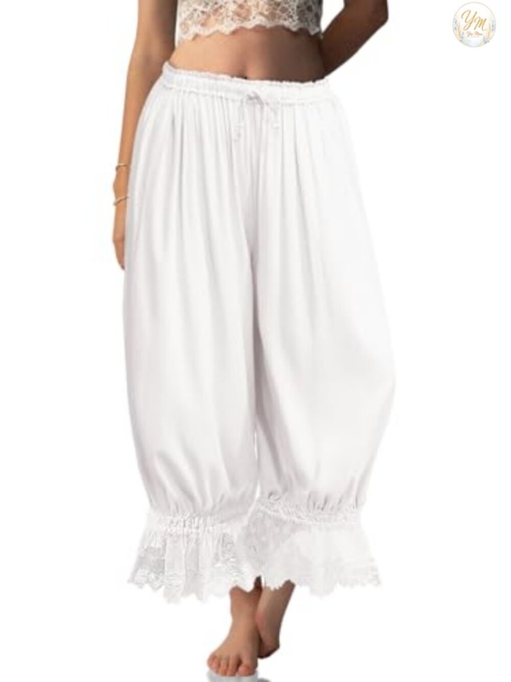 Linen Lace Trim Long Bloomers Pants with Pocket - Lounge Sleepwear